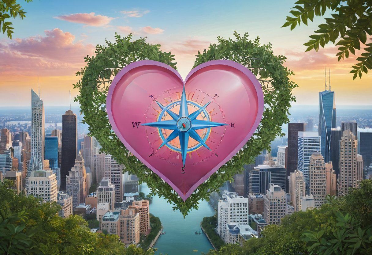 A serene illustration of a heart-shaped compass symbolizing love, intertwined with insurance elements like a shield and a family silhouette. The background features a vibrant cityscape representing financial security and growth. Soft pastel colors to evoke warmth and trust. super-realistic. vibrant colors.