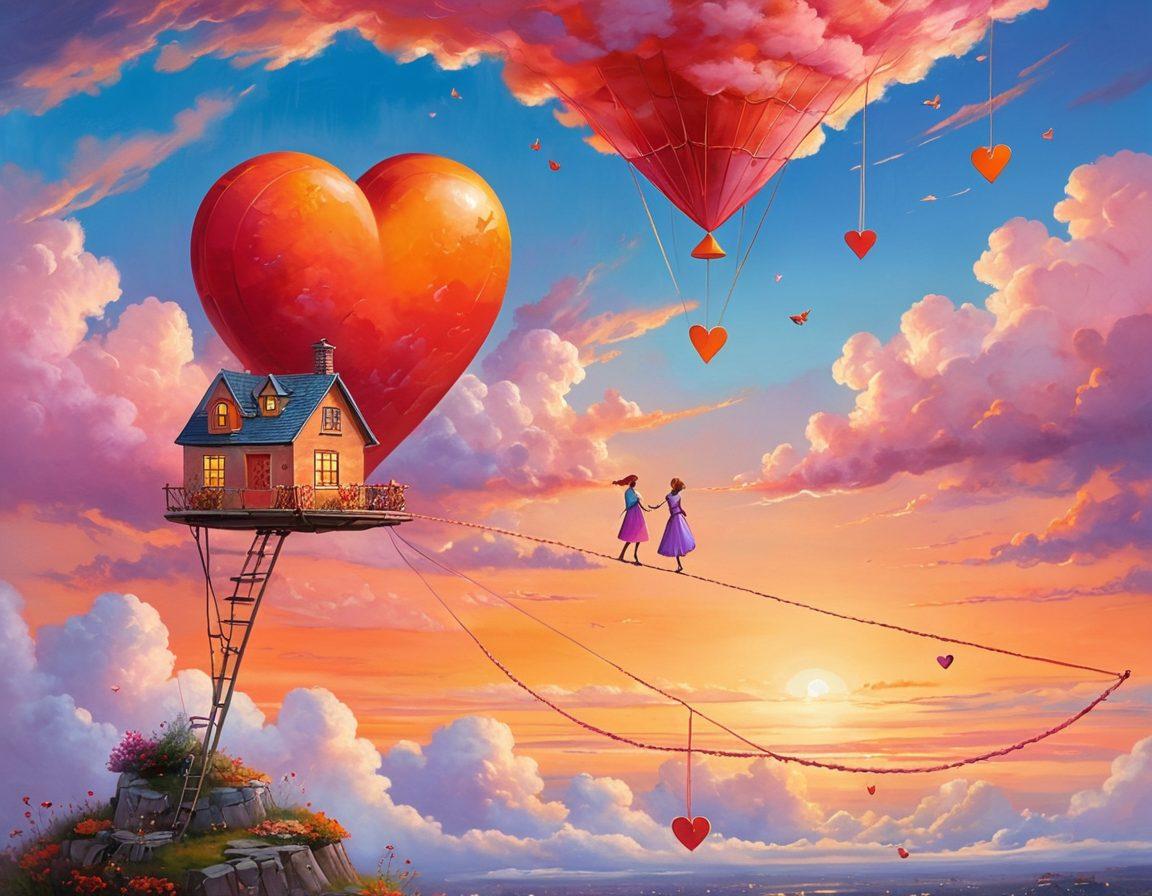 A whimsical scene of a couple balancing on a tightrope, one holding a large heart and the other a stack of coins, symbolizing romance and finance. Below them, a safety net made of insurance policies catches them, adding a sense of security. The background features soft clouds and vibrant sunset colors to evoke warmth and hope. A subtle touch of traditional symbols like a small house and a golden key can be seen around them. vibrant colors. whimsical style.