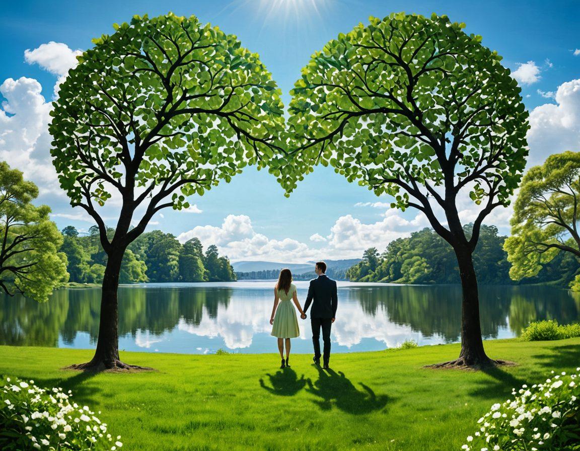 A serene couple holding hands in a lush green park, surrounded by heart-shaped trees, with a protective invisible shield symbolizing insurance around them. In the background, a calm lake reflects the blue sky and fluffy clouds, representing peace of mind. Incorporate icons of money and hearts lightly floating in the air, emphasizing financial security in love. vibrant colors. painting.